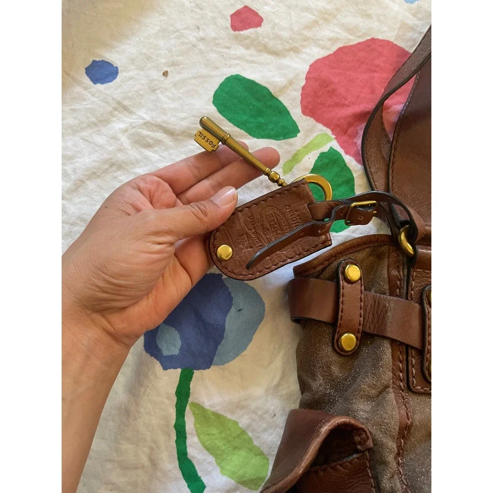 Fossil‎ Long Live Vintage Shiny Canvas Satchel Bag Y2K Brass Key Charm